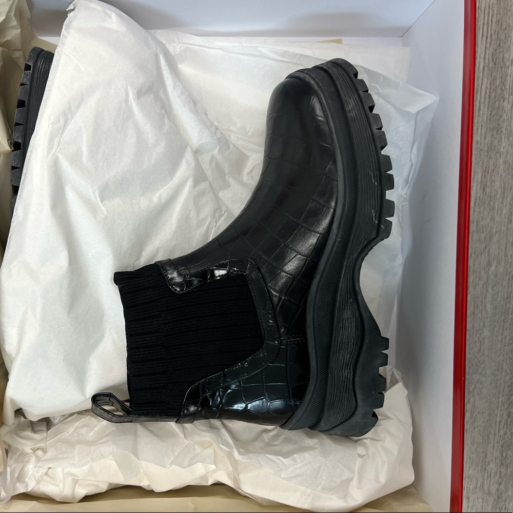STAUD BLACK CROC-EMBOSSED BOW BOOTS